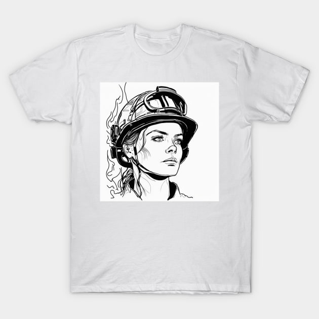 Black and white portrait line art of female firefighter T-Shirt by Danielleroyer